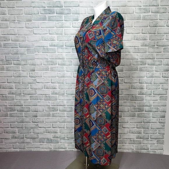 Vintage 80s Leslie Fay 12 Geo Abstract Button Front Shirt Midi Dress - Picture 7 of 10
